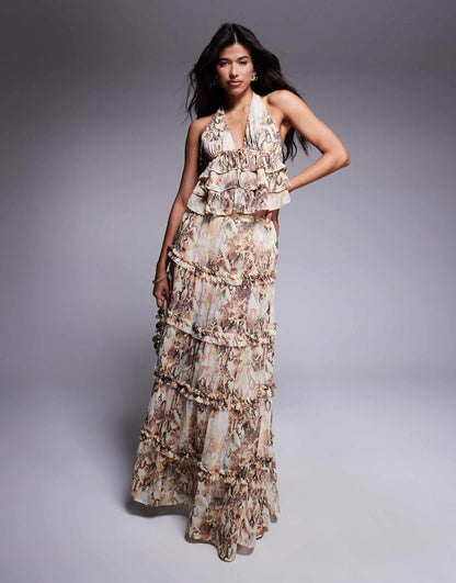 Blythe Plunge Halter Neck Ruffle Crop Top