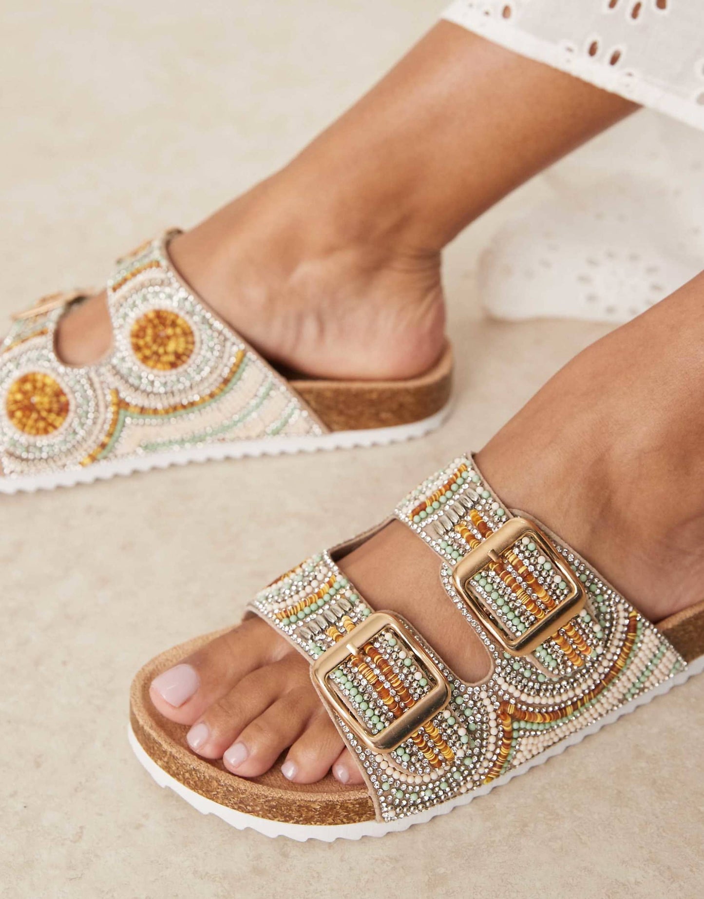 Wide Fit Funky Beaded Double Strap Flat Sandal