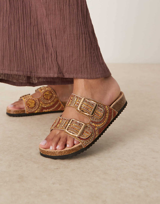 Wide Fit Funky Beaded Double Strap Flat Sandal