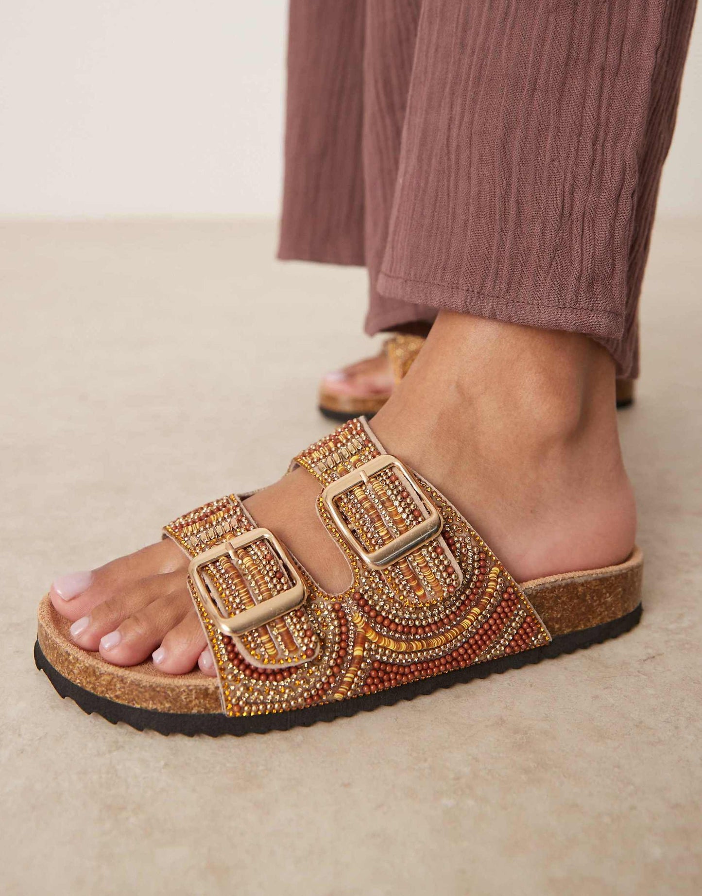 Wide Fit Funky Beaded Double Strap Flat Sandal