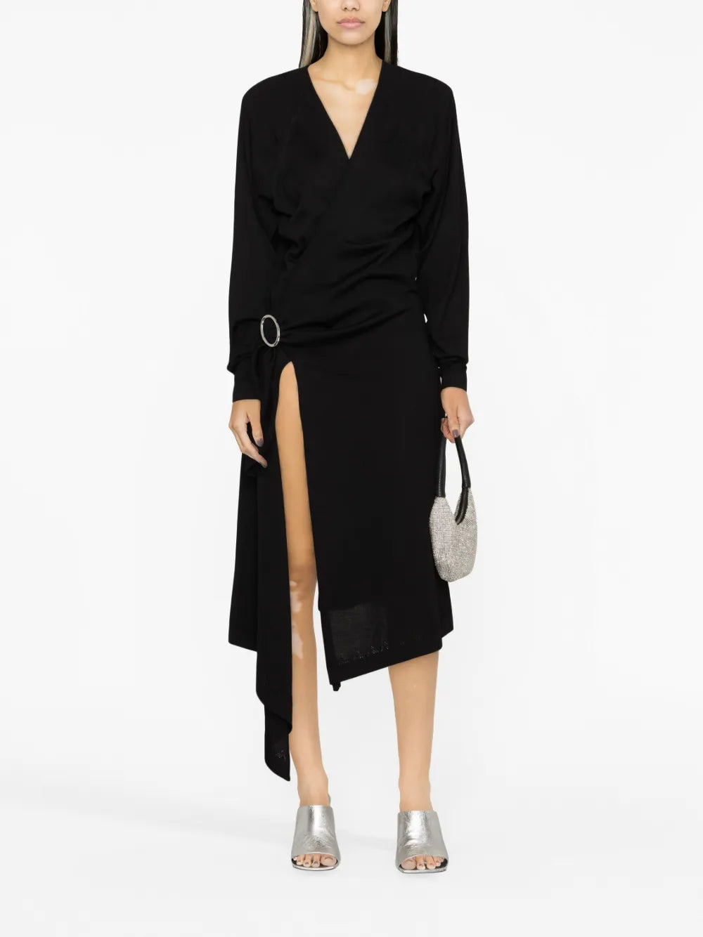 Front-Slit Long-Sleeved Wrap Dress