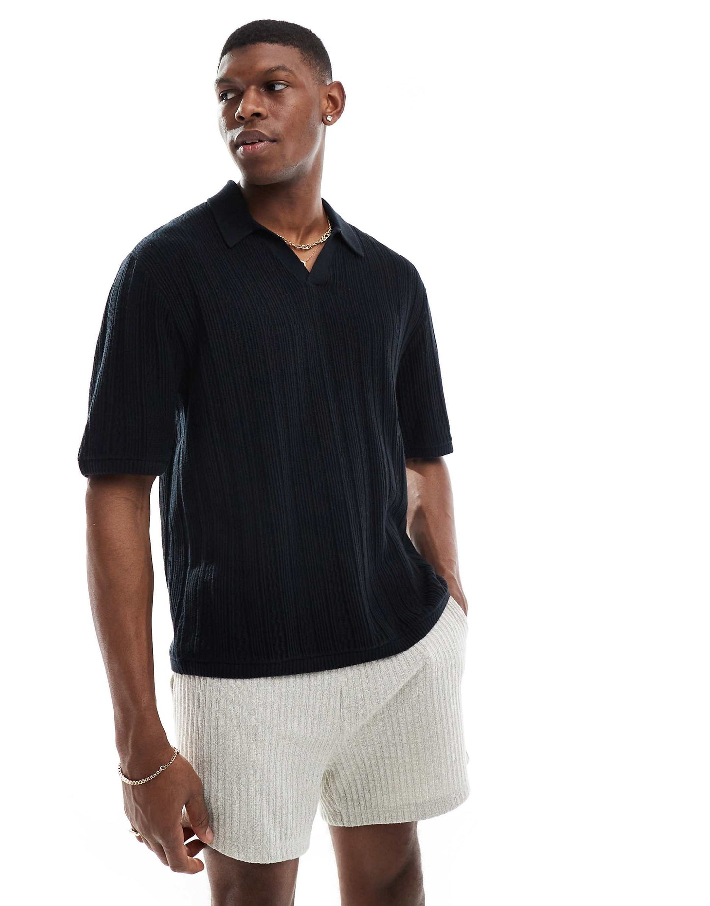 Short Sleeve Contrast Stripe Knitted Polo Top