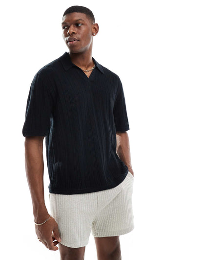 Short Sleeve Contrast Stripe Knitted Polo Top