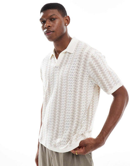 Short Sleeve Pattern Knitted Polo Top