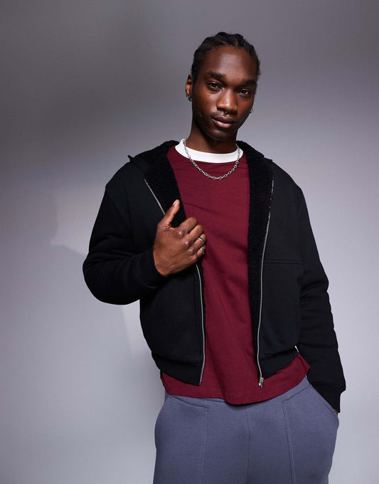 Oversized Boxy Zip Through Hoodie With Borg Lining