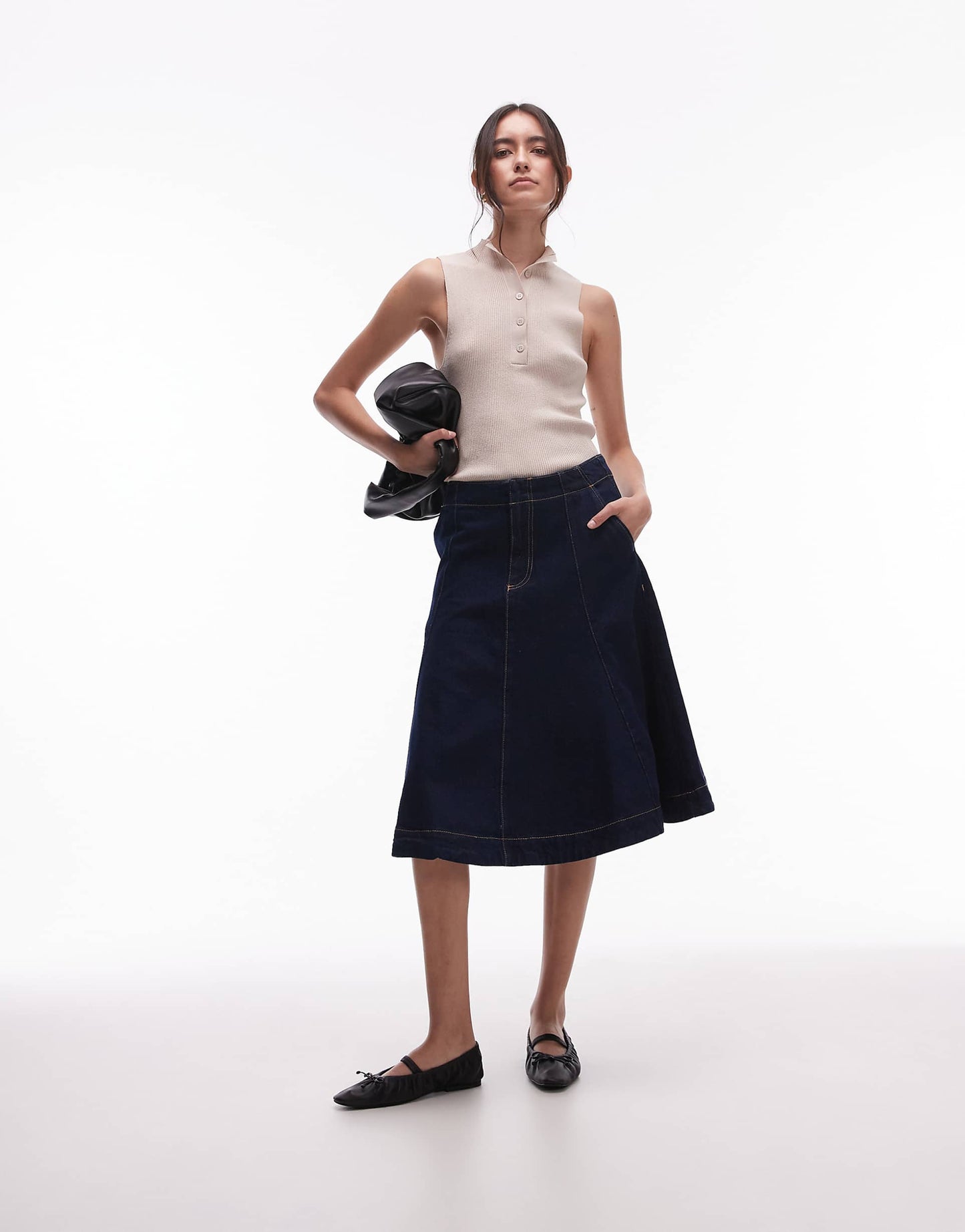 Denim Pleated Midi Skirt