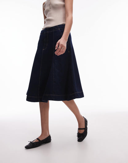 Denim Pleated Midi Skirt