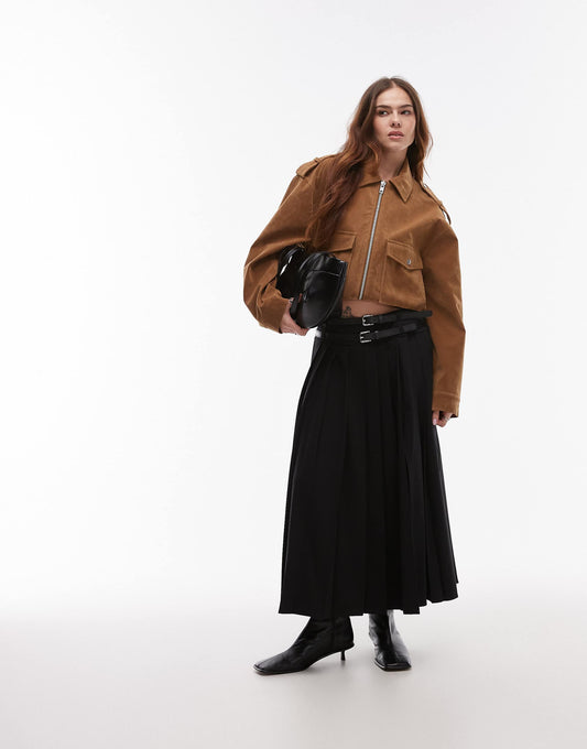 Pleated Split Front Midi Skirt