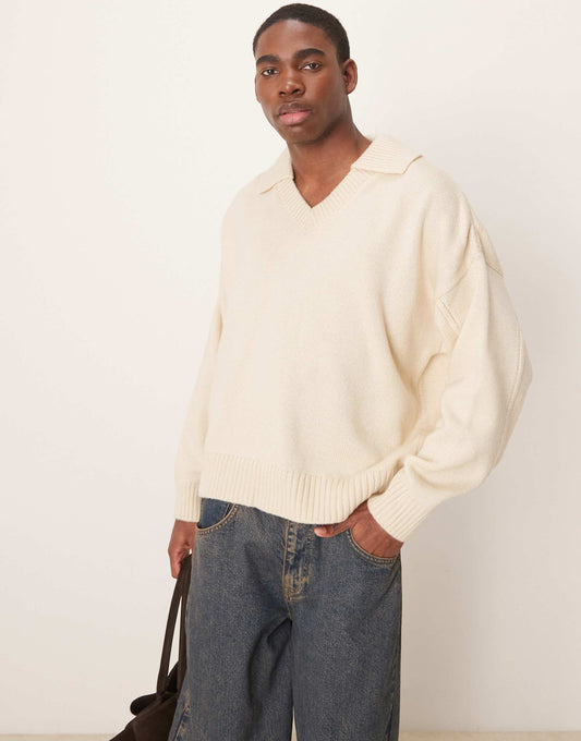 Oversized Boxy Fit Knitted Notch Neck Jumper
