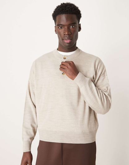 Oversized Boxy Fit Knitted Henley Neck Jumper