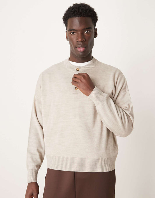 Oversized Boxy Fit Knitted Henley Neck Jumper