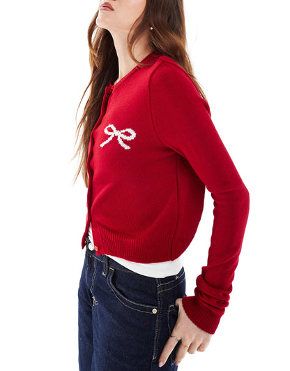 Knitted Crew Neck Cardigan With Bow Logo Detail