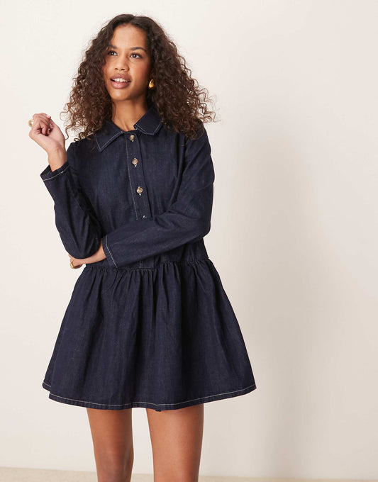 Denim Smock Mini Dress With Dropped Waist