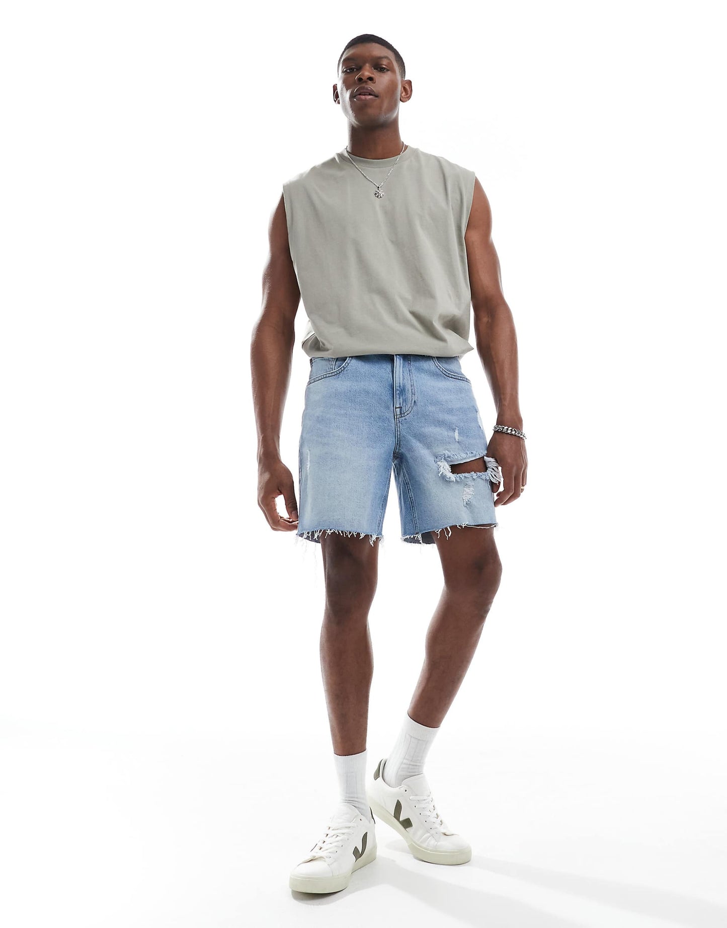 Mid Length Slim Denim Shorts With Rips