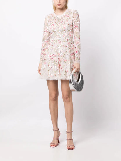 Floral-Embroidery Round-Neck Dress