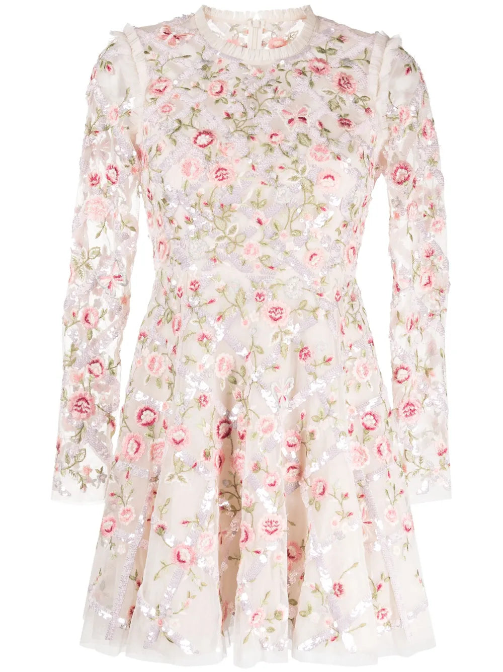Floral-Embroidery Round-Neck Dress