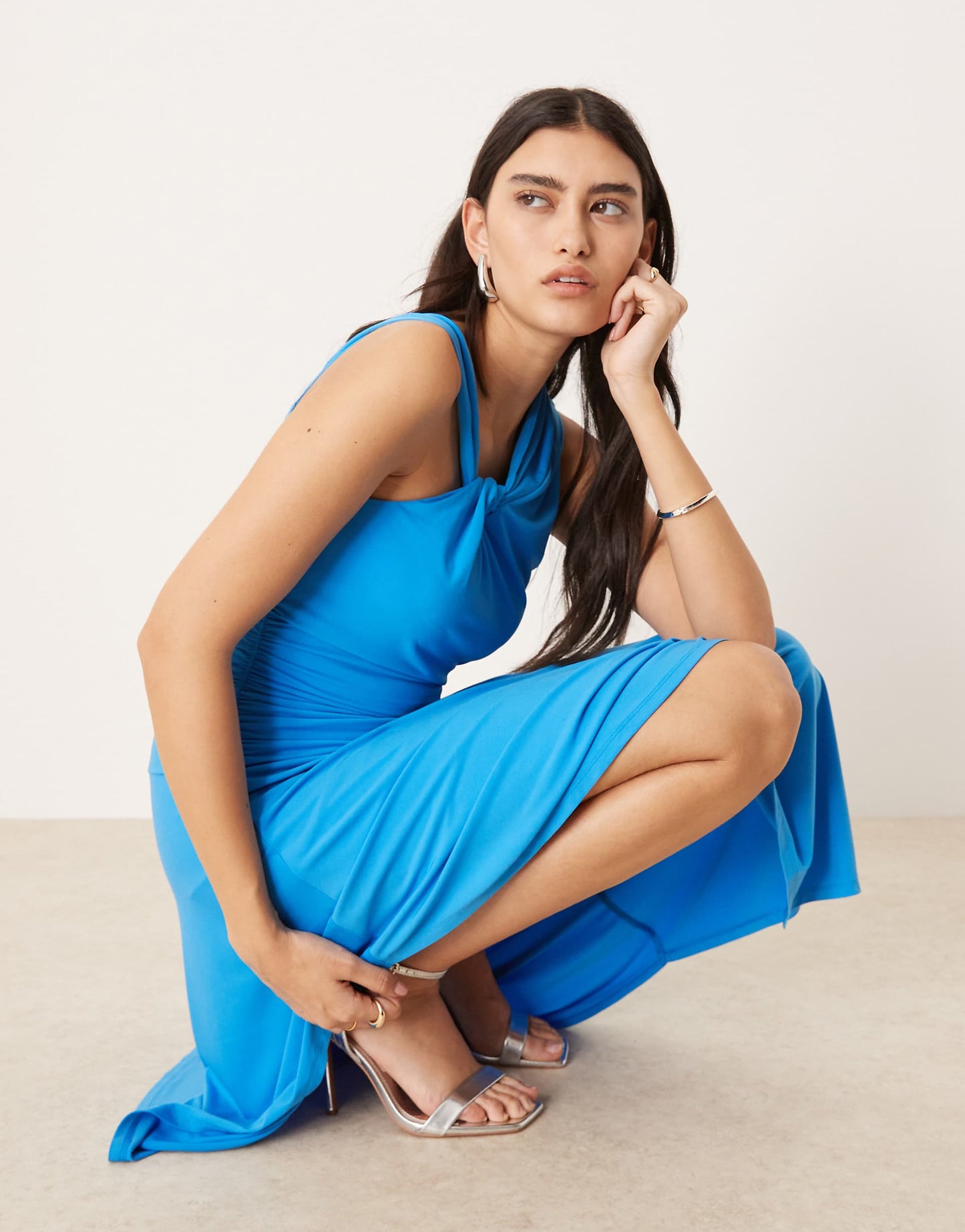 Long Sleeve Slash Neck Asymmetric Hem Maxi Dress