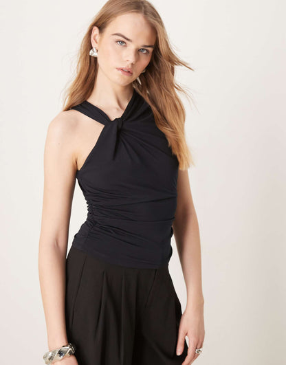 Drape Twist Front Asymmetric Top