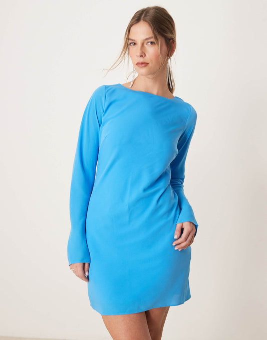 Long Sleeve Slash Neck Asymmetric Hem Mini Dress