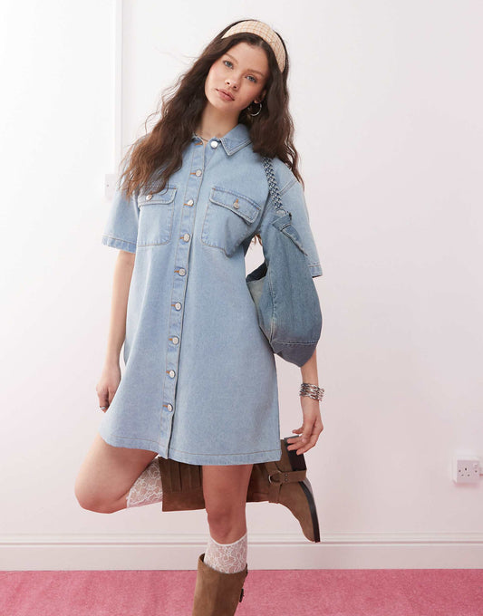 Oversized Short Sleeve Denim Shirt Dress