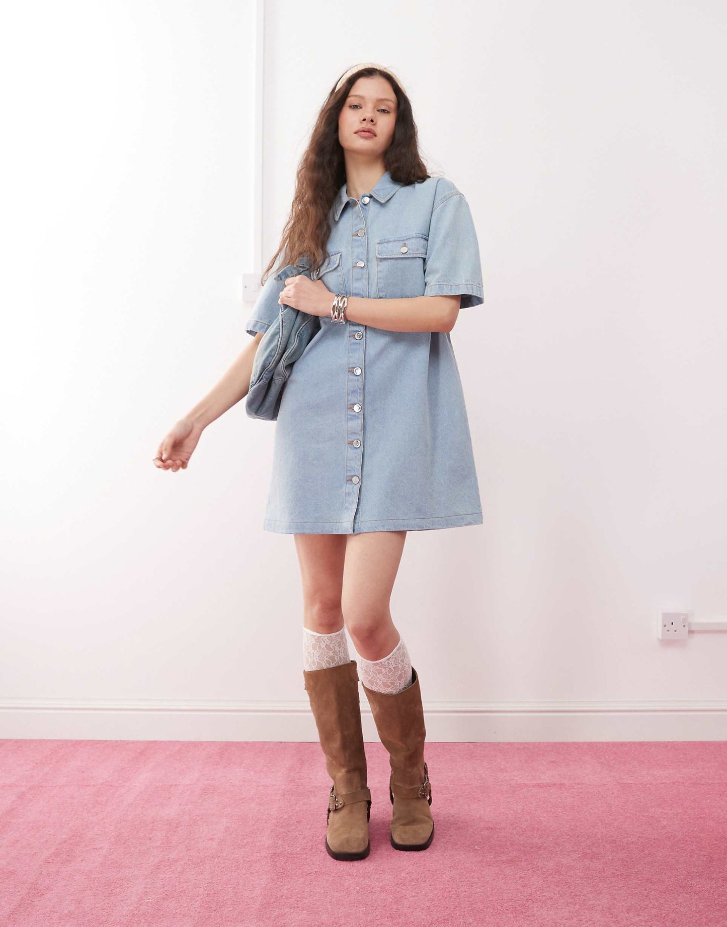 Oversized Short Sleeve Denim Shirt Dress