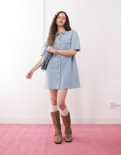 Oversized Short Sleeve Denim Shirt Dress