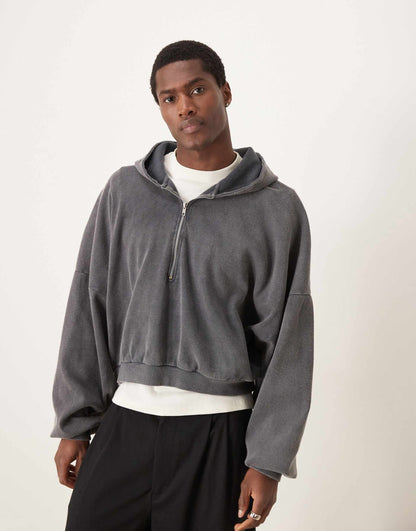 Heavyweight Extreme Oversized Boxy Hoodie With Half Zip
