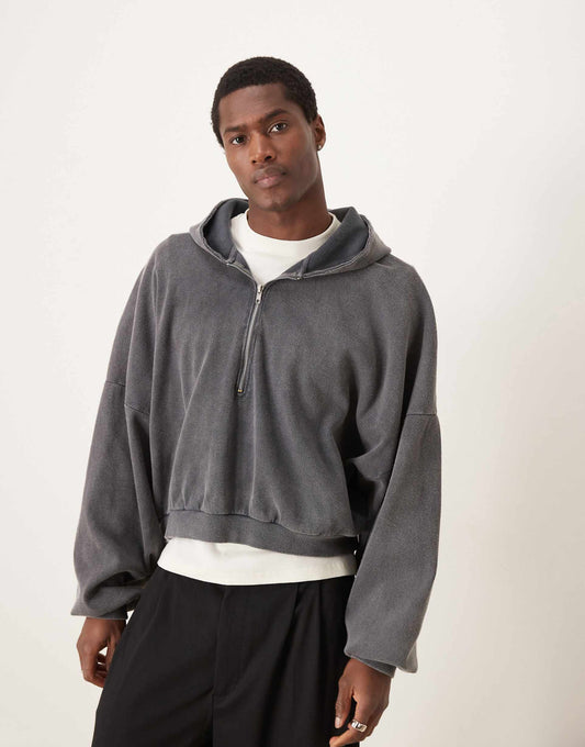 Heavyweight Extreme Oversized Boxy Hoodie With Half Zip