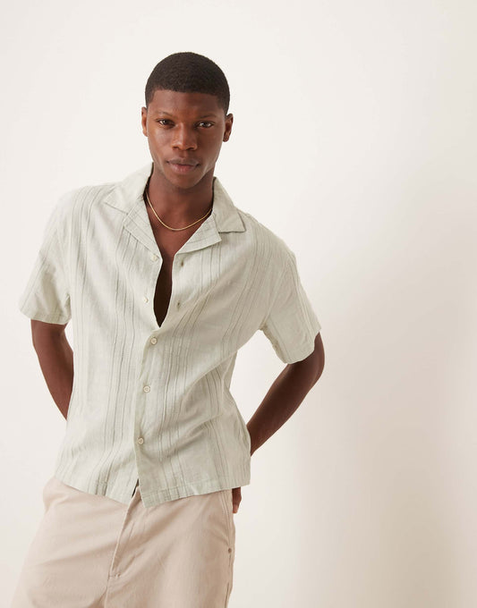 Textured Linen Collar Detail Short Sleeve Shirt