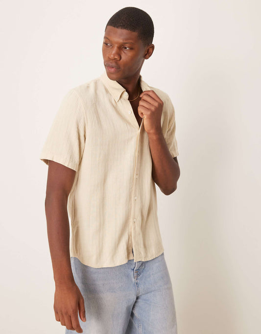 Textured Linen Collar Detail Short Sleeve Shirt