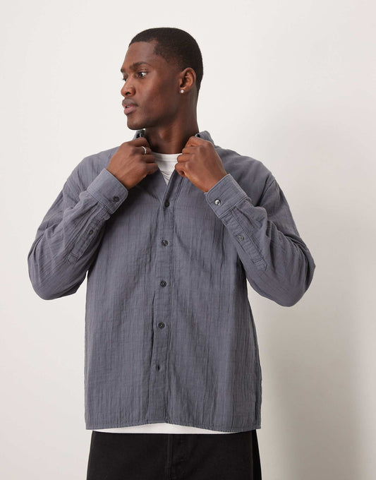 Textured Long Sleeve Relaxed Shirt