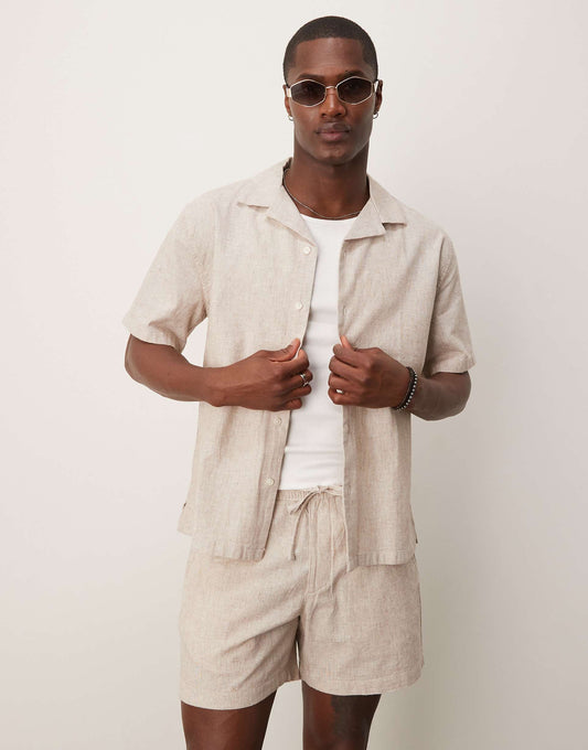 Textured Linen Collar Detail Short Sleeve Shirt