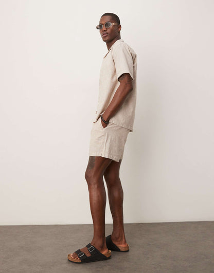 Textured Linen Collar Detail Short Sleeve Shirt