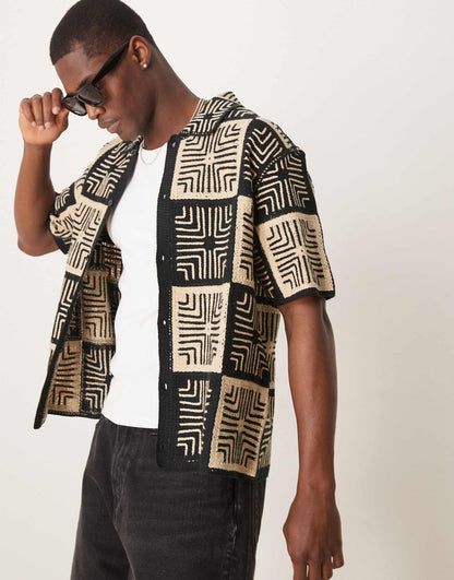 Crochet Knitted Contrast Tile Shirt