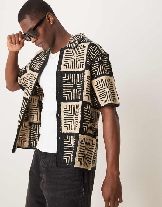 Crochet Knitted Contrast Tile Shirt