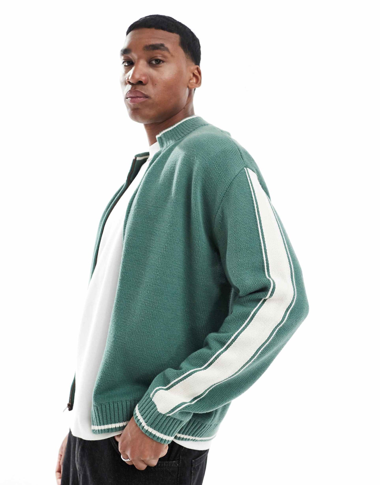 Knitted Zip Through Cardigan With Contrast Sleeve Panel