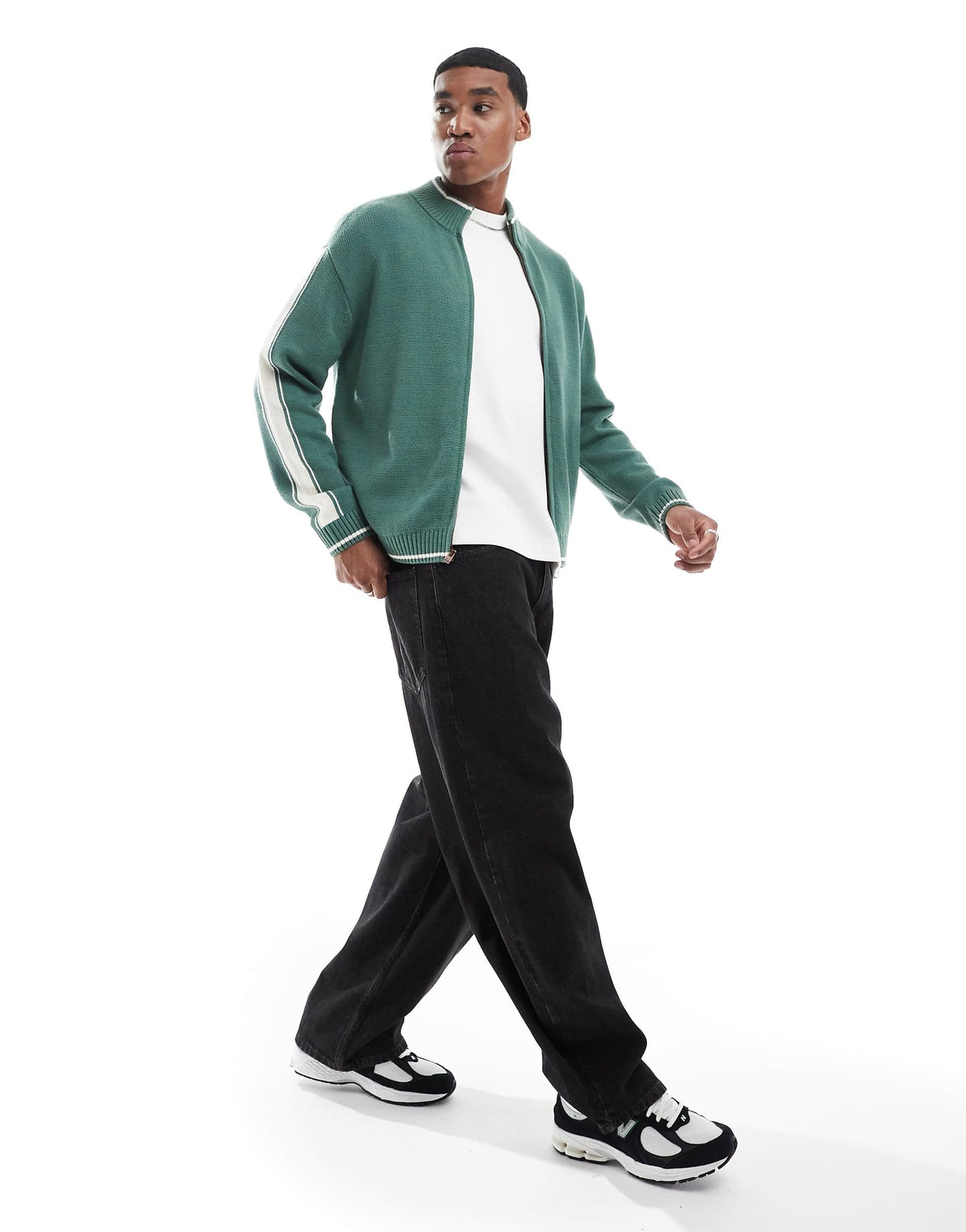 Knitted Zip Through Cardigan With Contrast Sleeve Panel