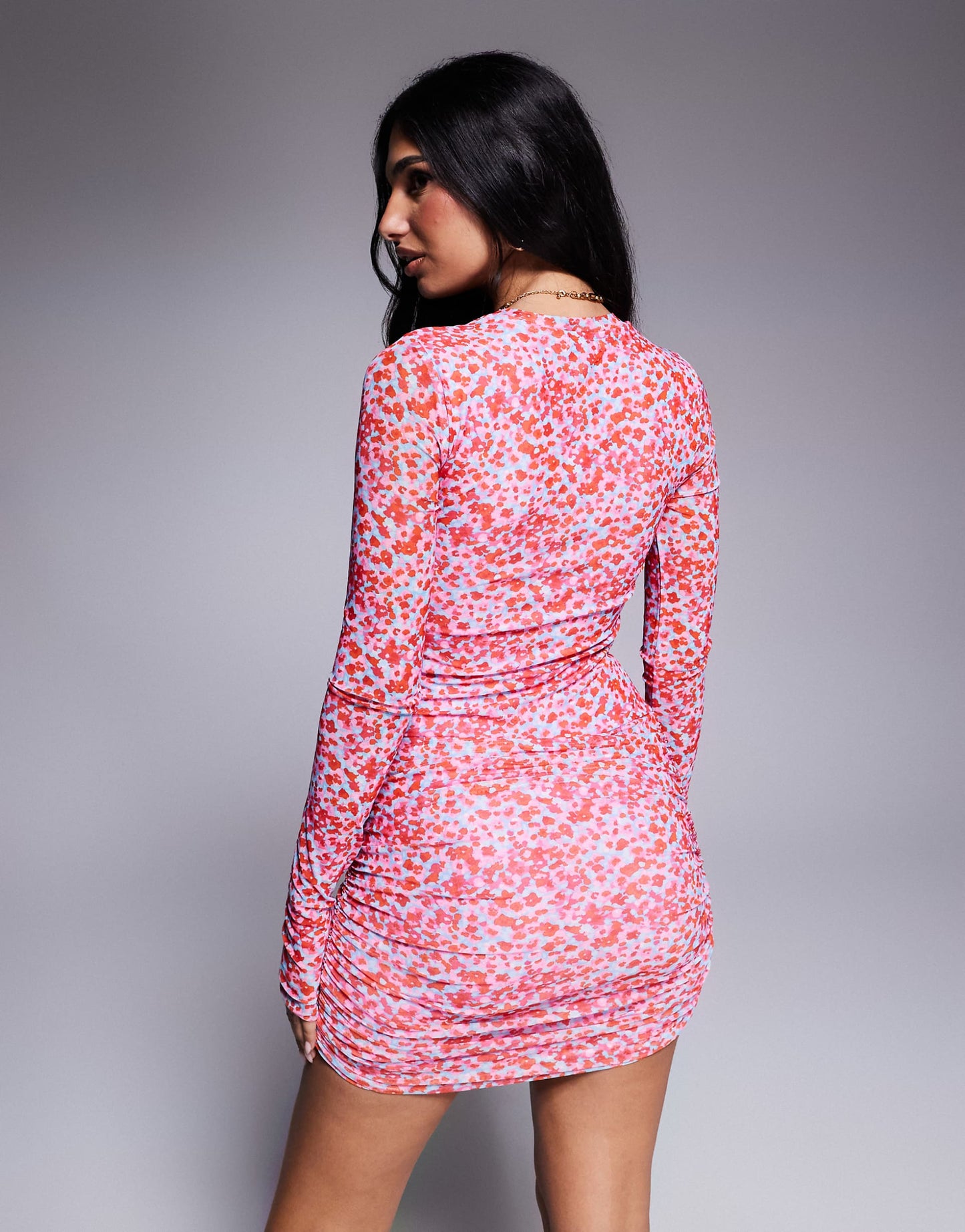 Mirza Long Sleeve Asymmetrical Ruched Mini Dress