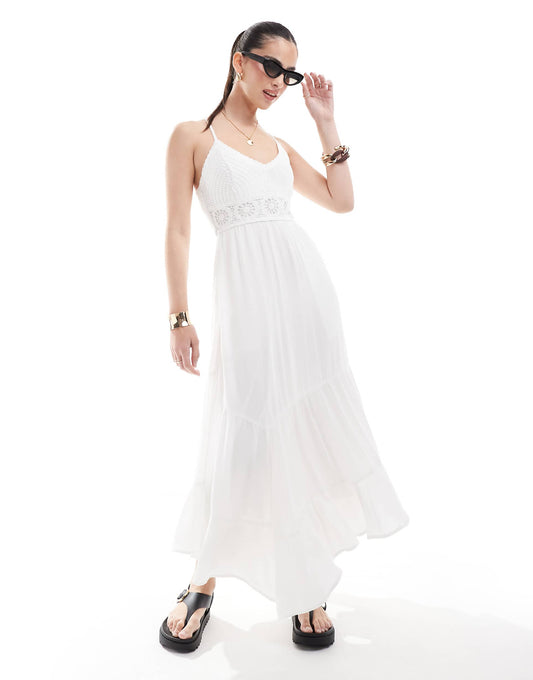 Crochet & Woven Mix Maxi Dress With Hanky Hem