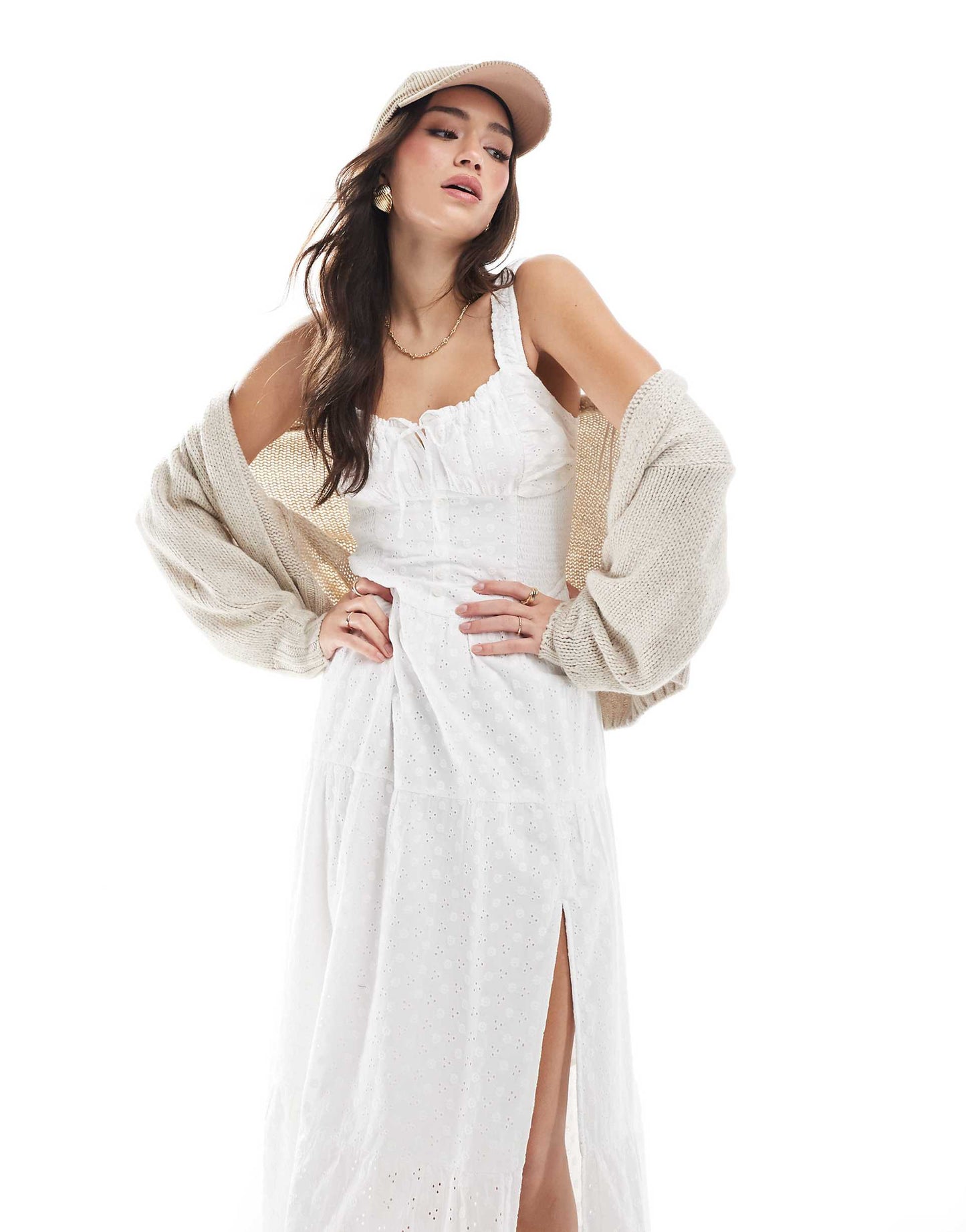 Embroidered Eyelet Detail Shirred Bust Maxi Dress With Thigh Split