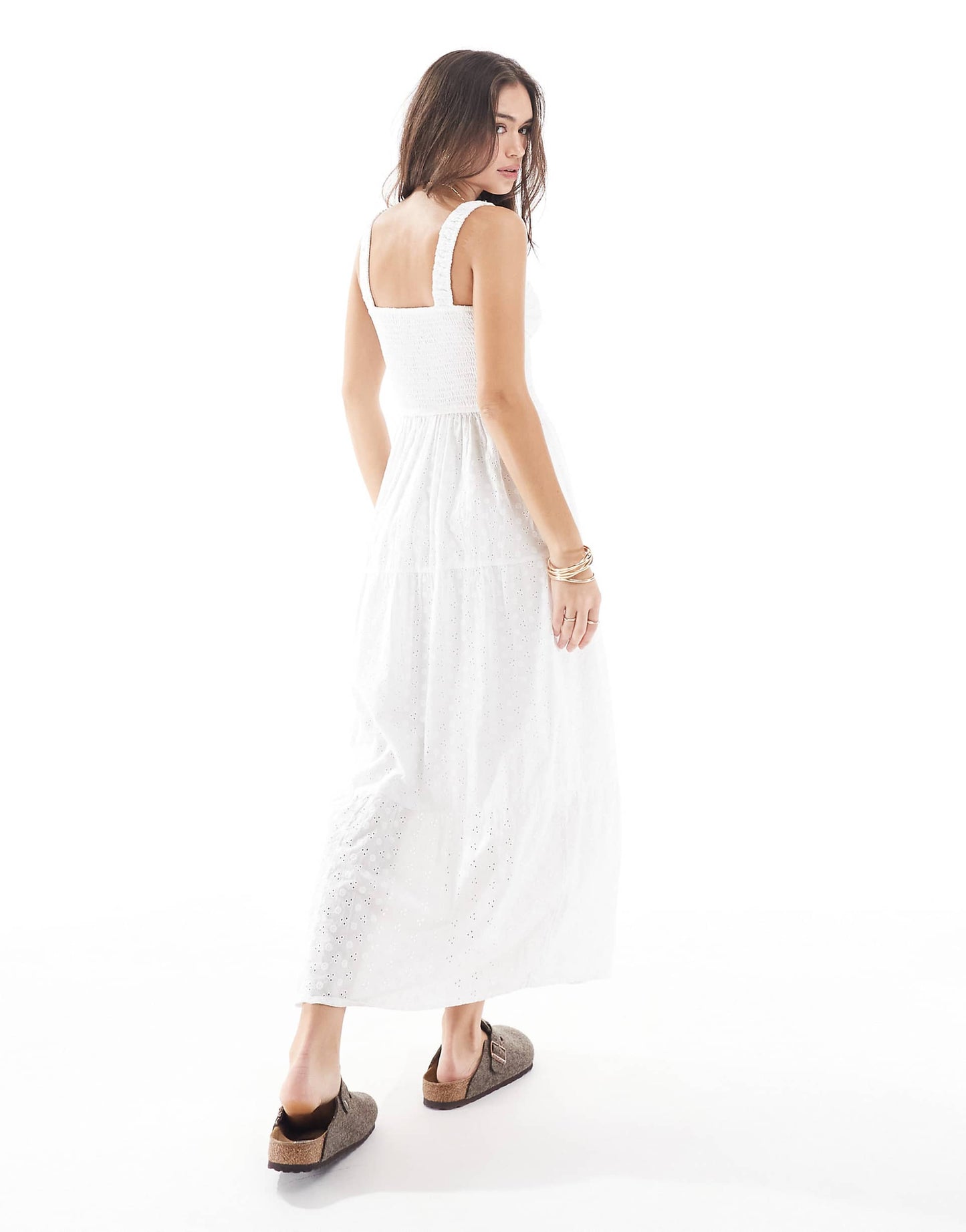 Embroidered Eyelet Detail Shirred Bust Maxi Dress With Thigh Split