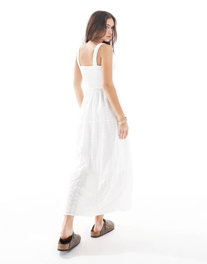 Embroidered Eyelet Detail Shirred Bust Maxi Dress With Thigh Split