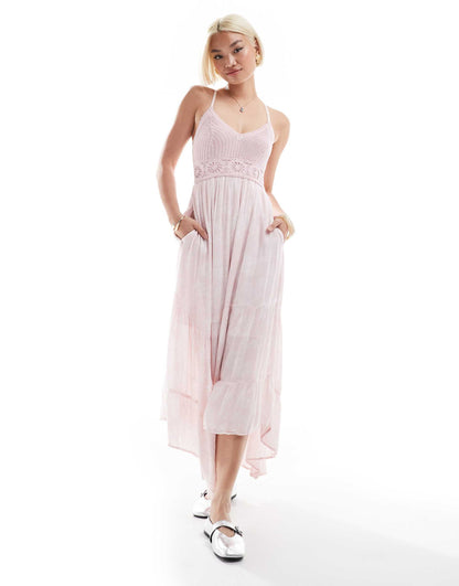 Crochet & Woven Mix Maxi Dress With Hanky Hem