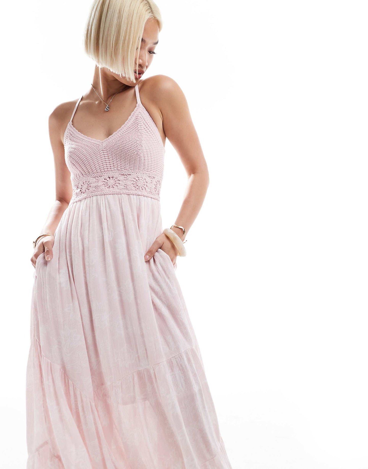Crochet & Woven Mix Maxi Dress With Hanky Hem
