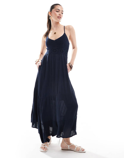 Crochet & Woven Mix Maxi Dress With Hanky Hem