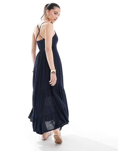 Crochet & Woven Mix Maxi Dress With Hanky Hem