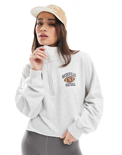 Cropped Half Zip Sweat Top With Raw Hem Detail