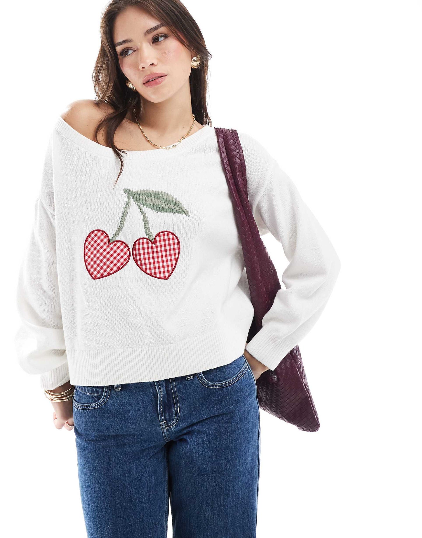 Off Shoulder Cherry Motif Jumper