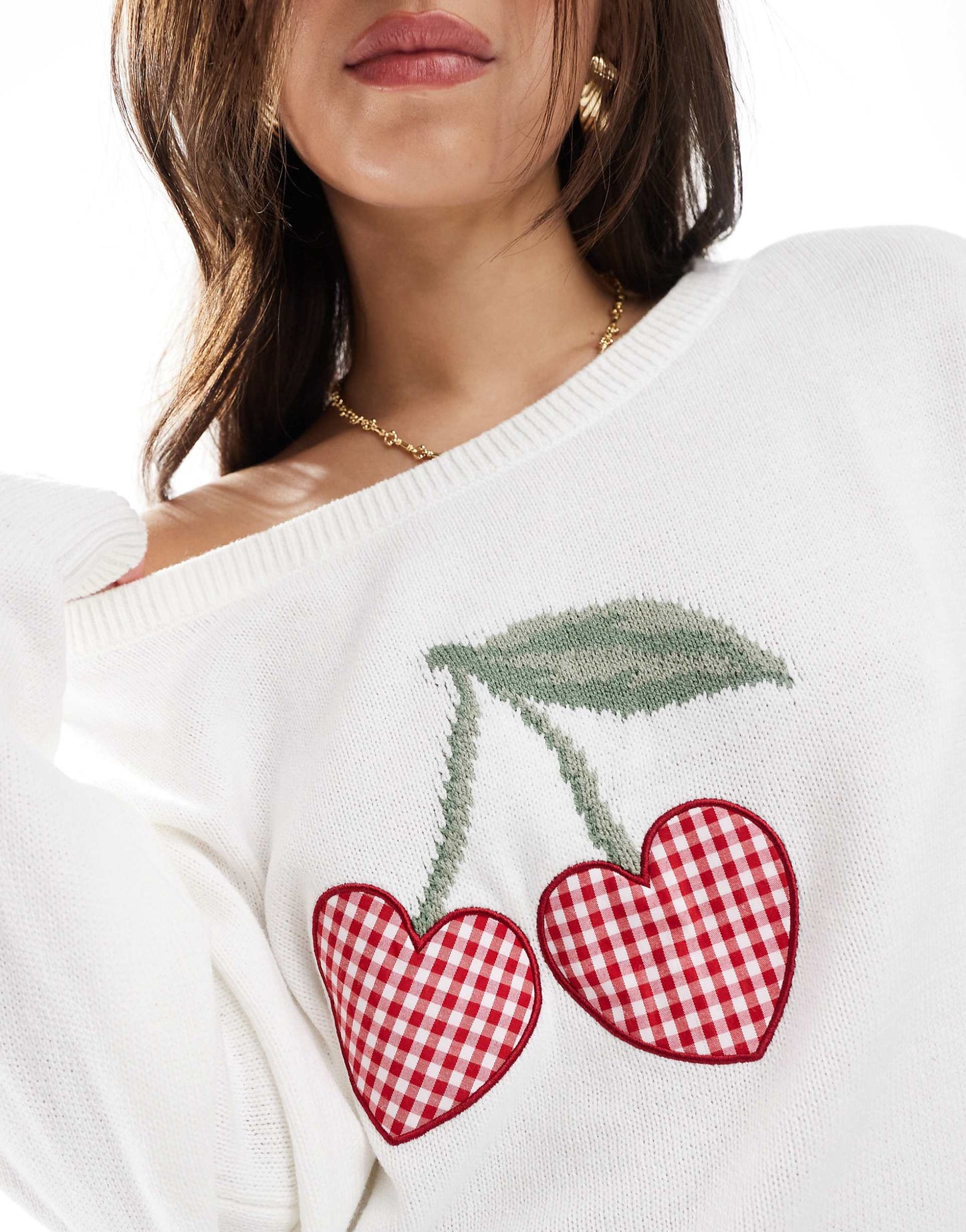 Off Shoulder Cherry Motif Jumper
