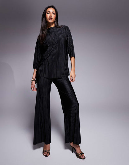 2-in-1 Plisse Faux Cord Jumpsuit In Black